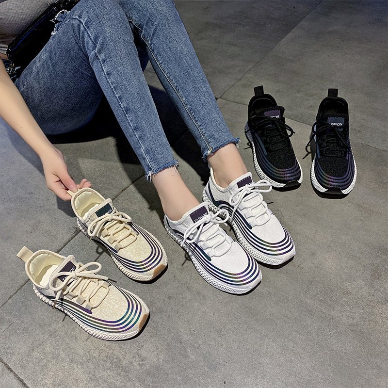 Reflective color flying woven women's shoes 2021 spring new breathable casual shoes student sports shoes women